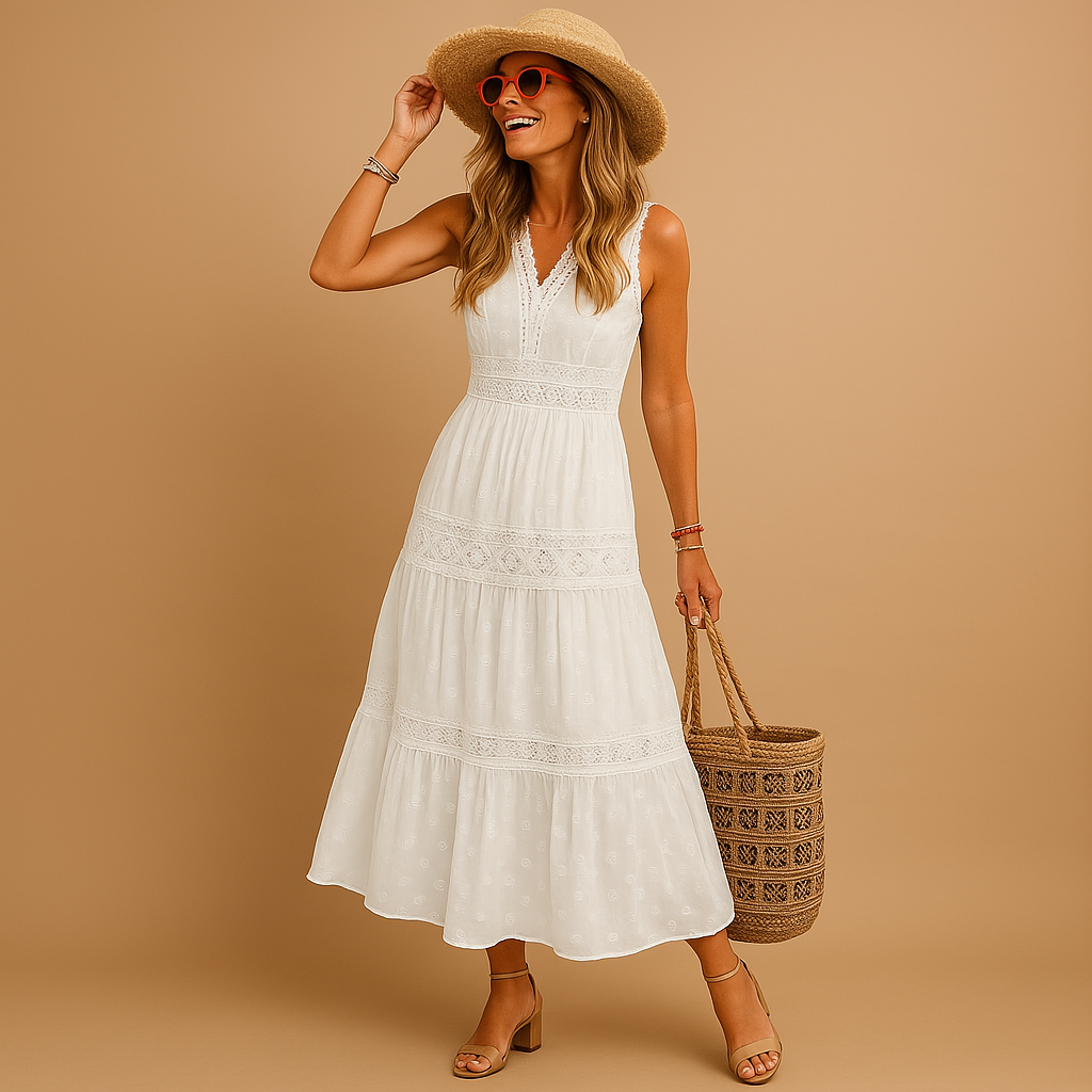 Women's Boho Maxi Dress Sleeveless V-Neck Tiered Flowy Linen Blend Sun Dress