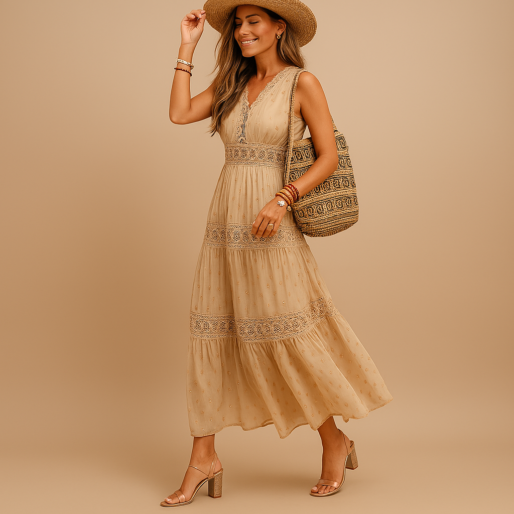 Women's Boho Maxi Dress Sleeveless V-Neck Tiered Flowy Linen Blend Sun Dress