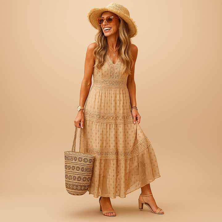 Women's Boho Maxi Dress Sleeveless V-Neck Tiered Flowy Linen Blend Sun Dress