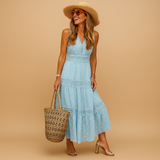 Women's Boho Maxi Dress Sleeveless V-Neck Tiered Flowy Linen Blend Sun Dress