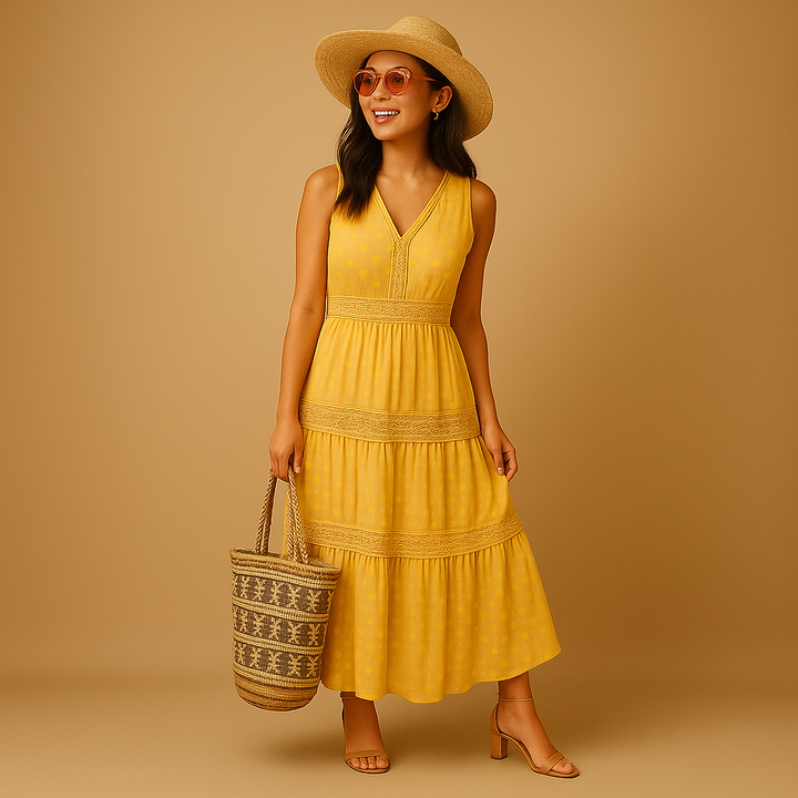Women's Boho Maxi Dress Sleeveless V-Neck Tiered Flowy Linen Blend Sun Dress