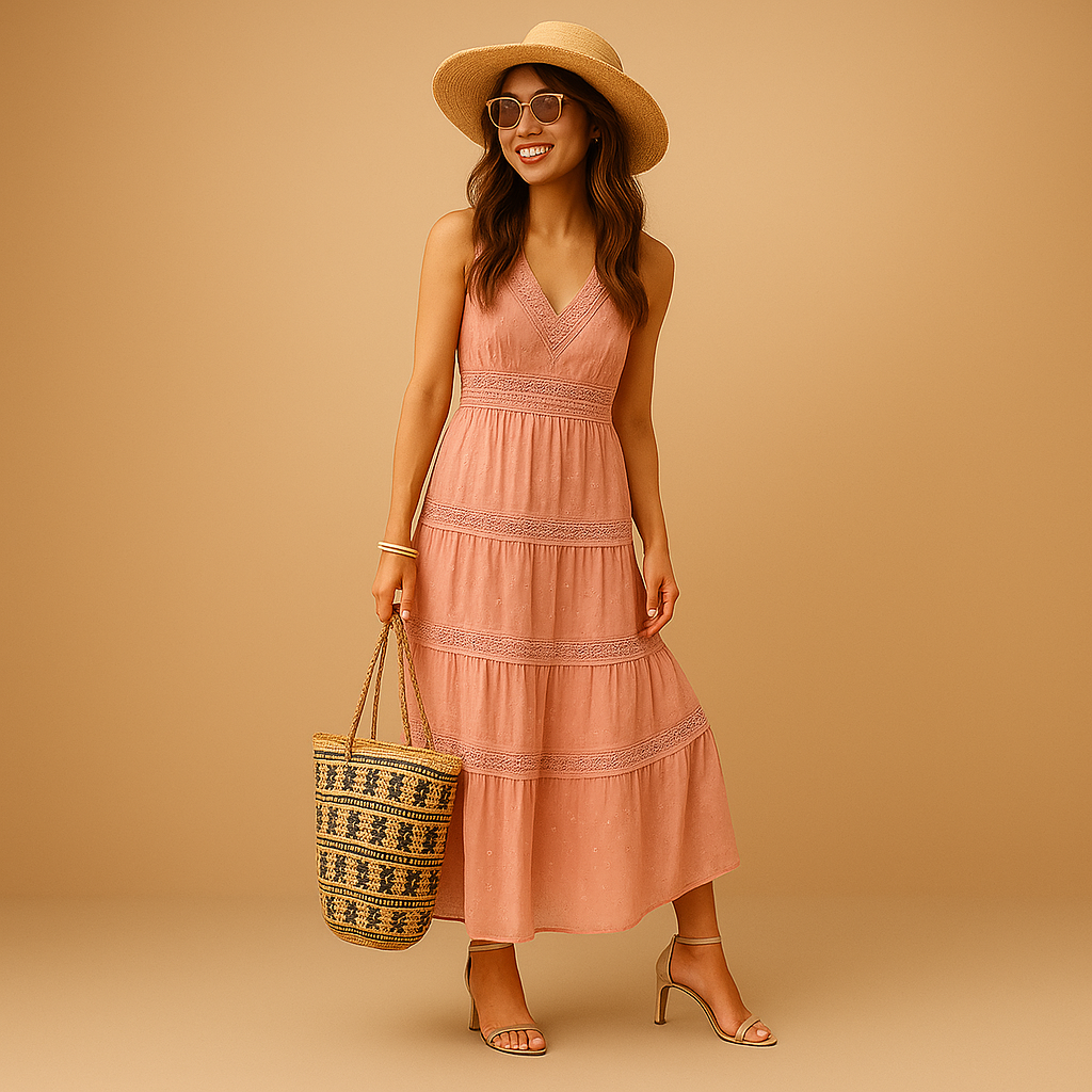 Women's Boho Maxi Dress Sleeveless V-Neck Tiered Flowy Linen Blend Sun Dress