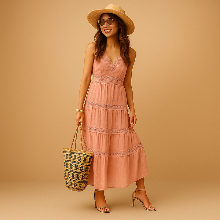 Women's Boho Maxi Dress Sleeveless V-Neck Tiered Flowy Linen Blend Sun Dress