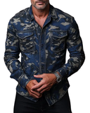 Men's Distressed Denim Camouflage Casual Button Down Shirt