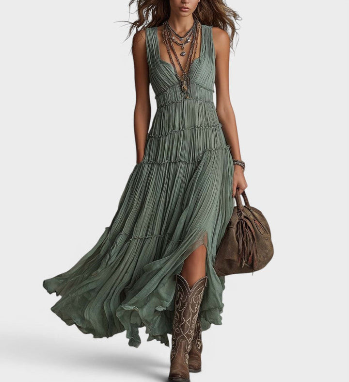Women's Linen Maxi Dress Boho Tiered Sun Dress