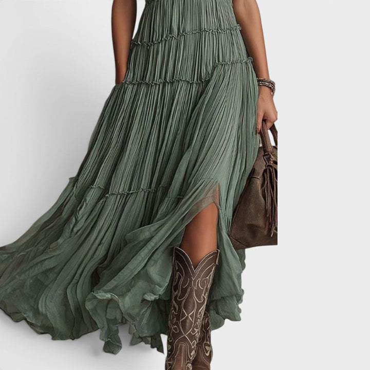 Women's Linen Maxi Dress Boho Tiered Sun Dress