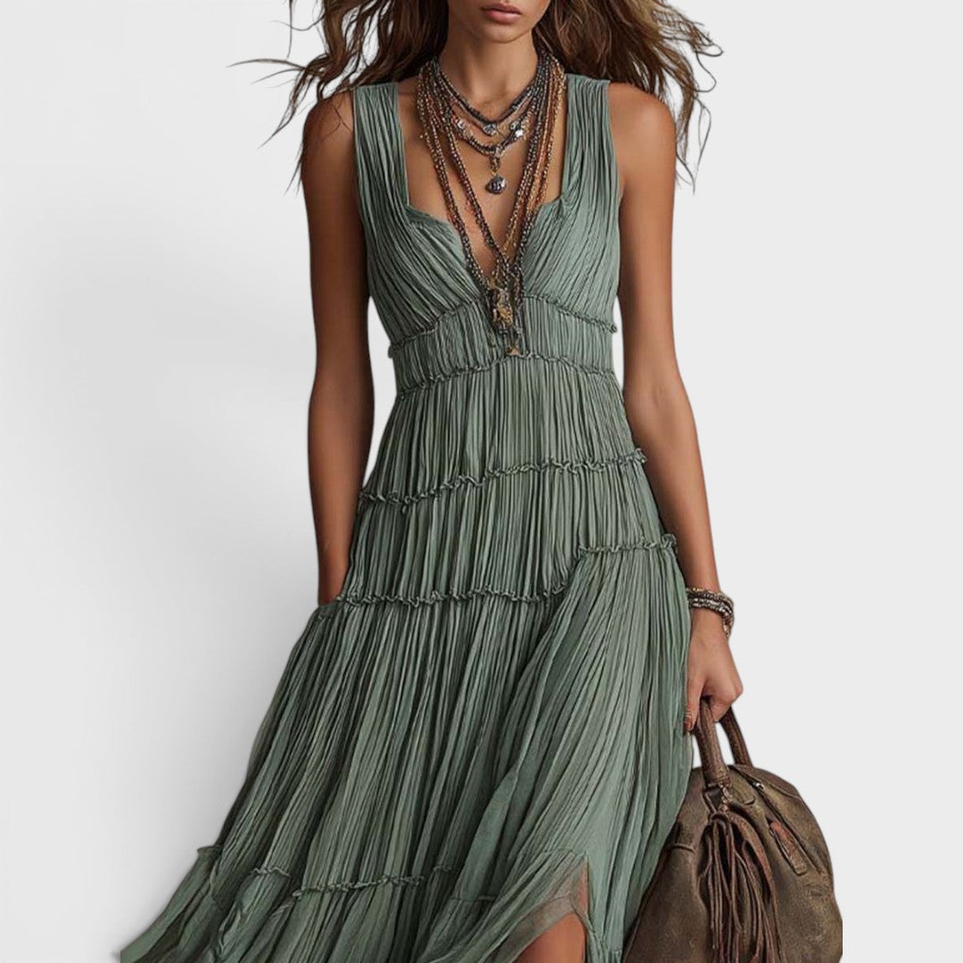 Women's Linen Maxi Dress Boho Tiered Sun Dress