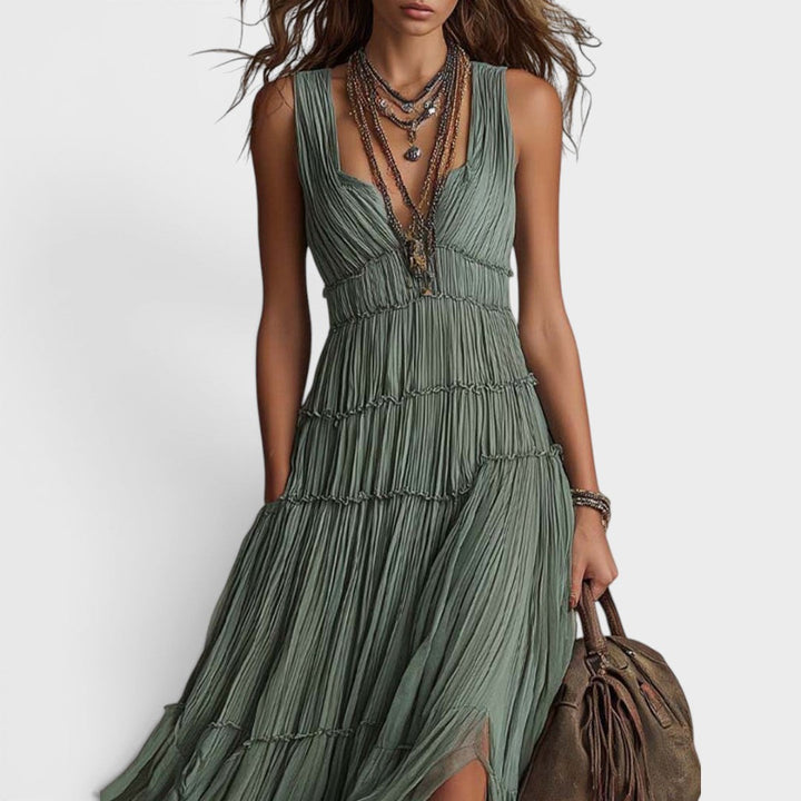 Women's Linen Maxi Dress Boho Tiered Sun Dress