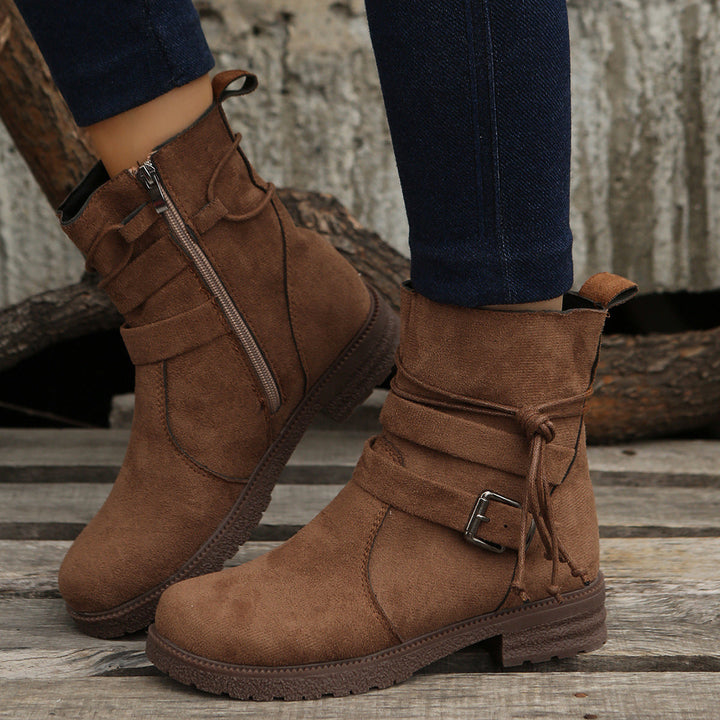 Women's Suede Faux Leather Ankle Boots Buckle Zipper Booties