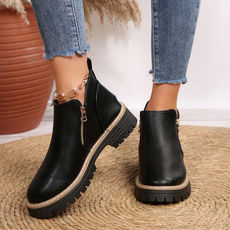 Women's Leather Ankle Boots Zipper Lug Sole Chunky Booties