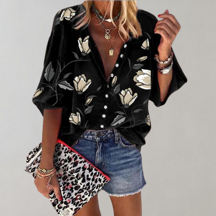Women's Linen Blend V-Neck Floral Print Boho Blouse Long Sleeve Shirt