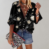 Women's Linen Blend V-Neck Floral Print Boho Blouse Long Sleeve Shirt