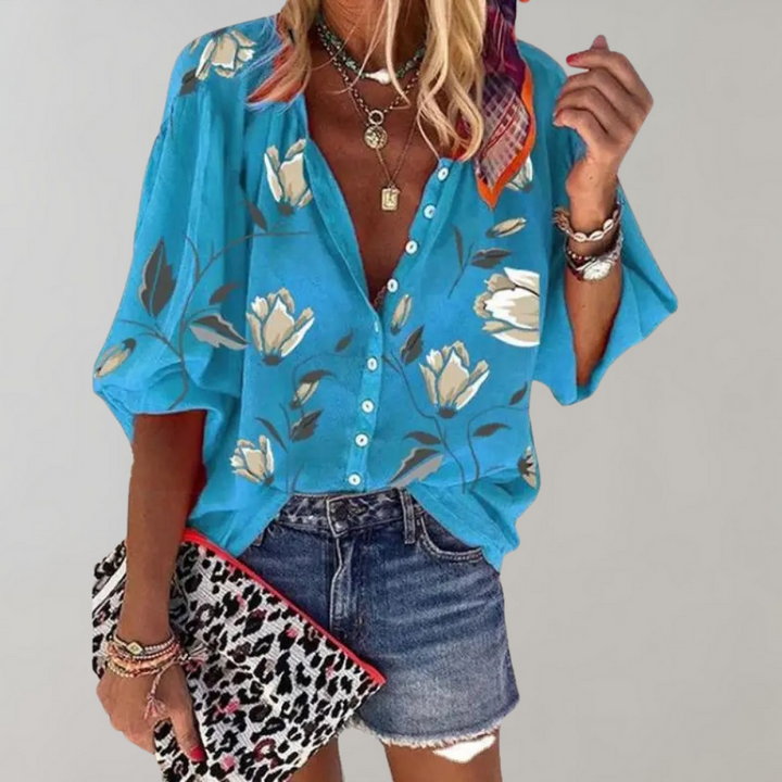 Women's Linen Blend V-Neck Floral Print Boho Blouse Long Sleeve Shirt