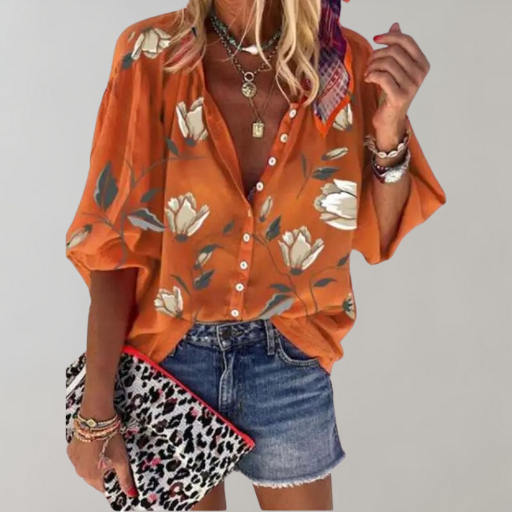 Women's Linen Blend V-Neck Floral Print Boho Blouse Long Sleeve Shirt