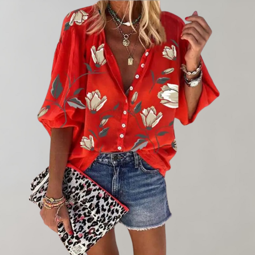 Women's Linen Blend V-Neck Floral Print Boho Blouse Long Sleeve Shirt