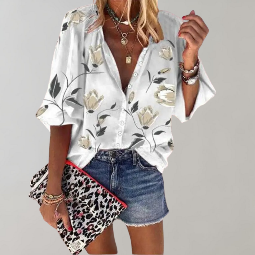 Women's Linen Blend V-Neck Floral Print Boho Blouse Long Sleeve Shirt
