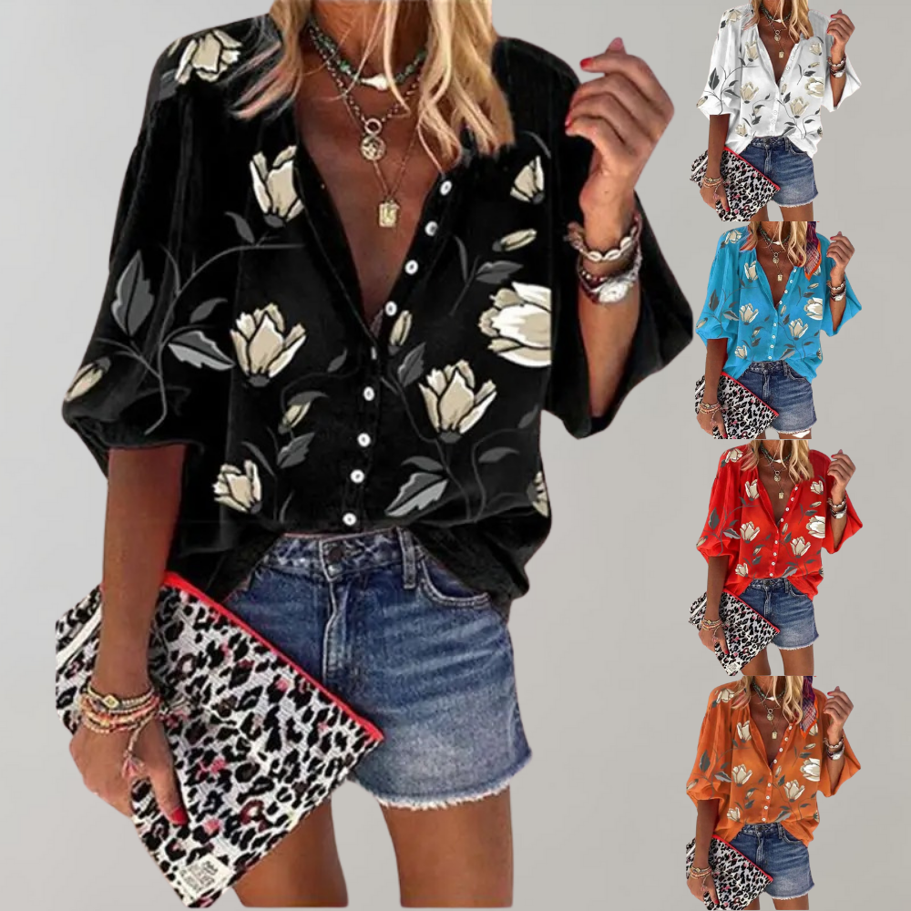 Women's Linen Blend V-Neck Floral Print Boho Blouse Long Sleeve Shirt