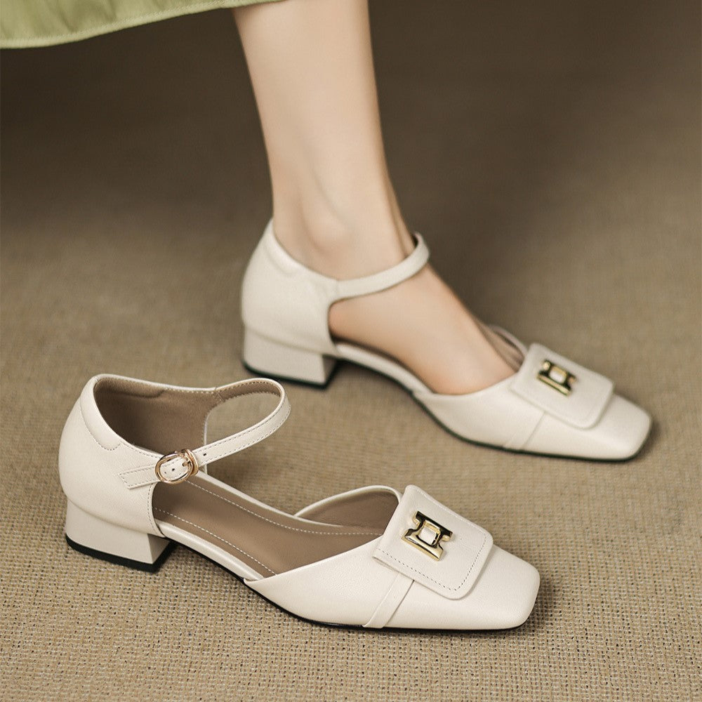 Women's Leather Square Toe Mary Jane Block Heels
