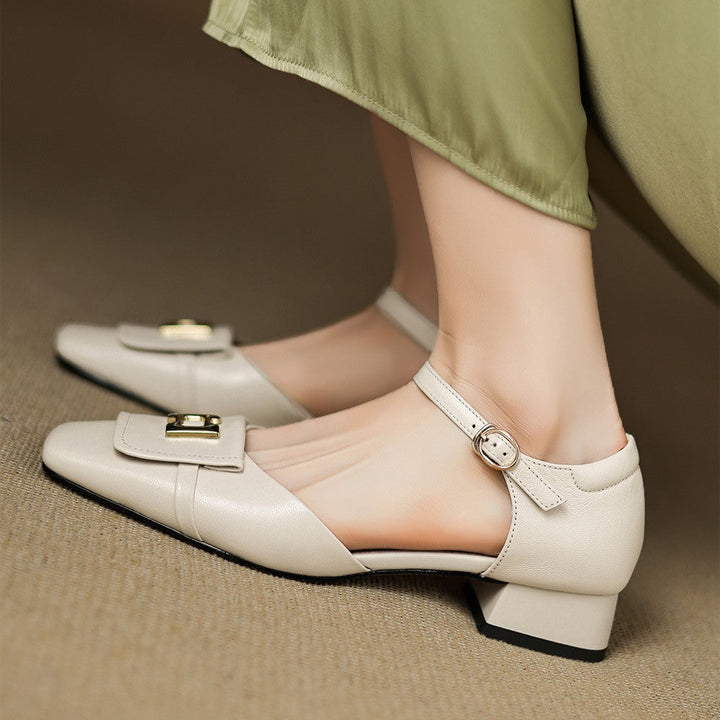 Women's Leather Square Toe Mary Jane Block Heels