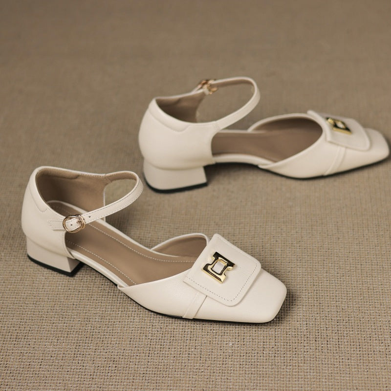 Women's Leather Square Toe Mary Jane Block Heels