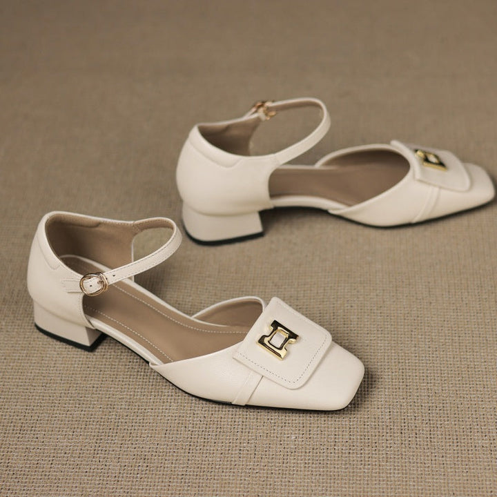 Women's Leather Square Toe Mary Jane Block Heels