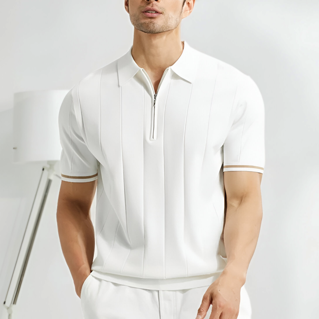 Pánské pletené polo tričko na zip s krátkým rukávem, slim fit, přes hlavu