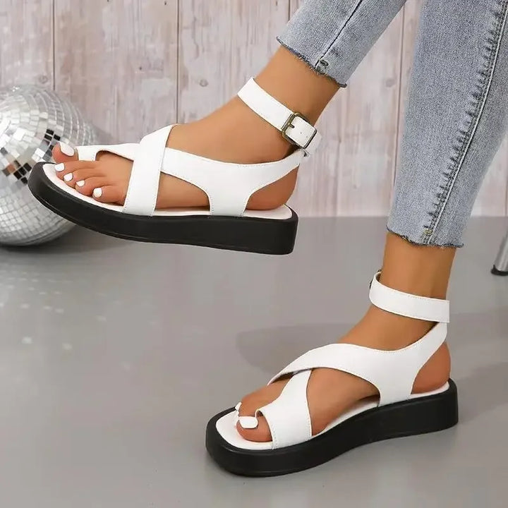 Women's Leather Platform Sandals Ankle Strap Strappy Flats