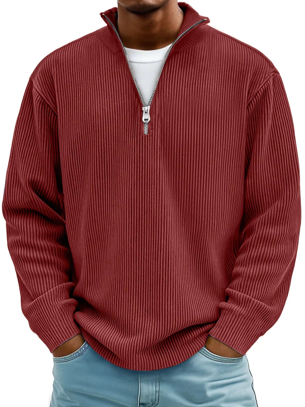 Men's Ribbed Knit Quarter Zip Wool Mix Pullover Sweater