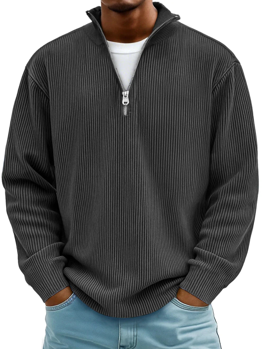 Men's Ribbed Knit Quarter Zip Wool Mix Pullover Sweater