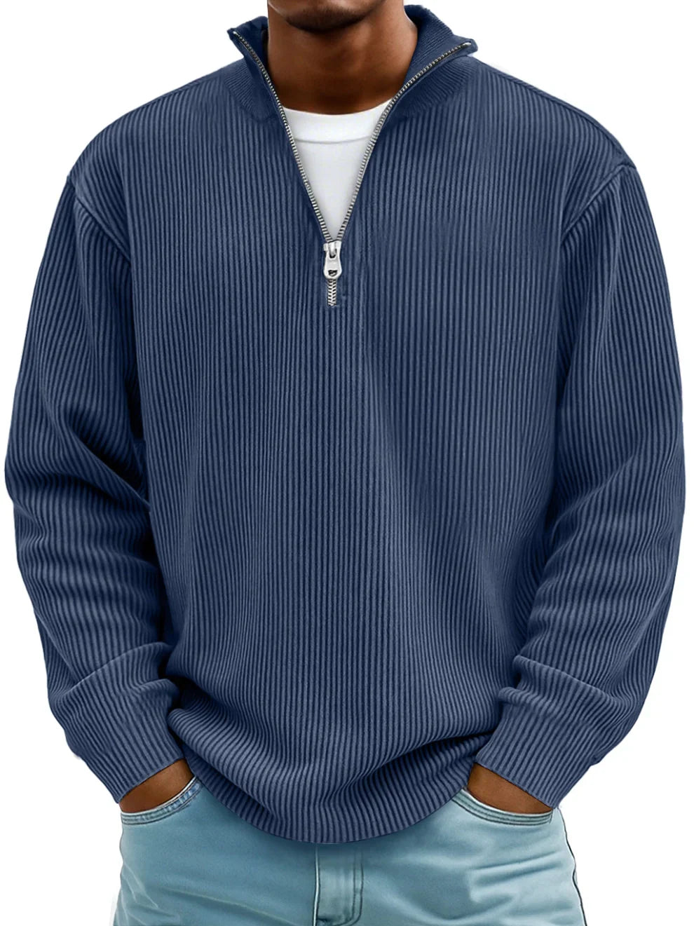 Men's Ribbed Knit Quarter Zip Wool Mix Pullover Sweater