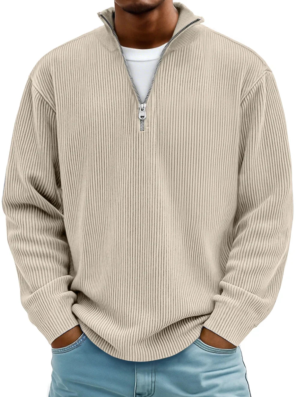 Men's Ribbed Knit Quarter Zip Wool Mix Pullover Sweater