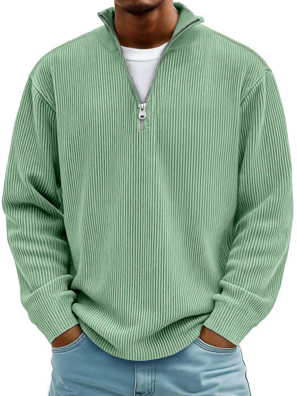 Men's Ribbed Knit Quarter Zip Wool Mix Pullover Sweater