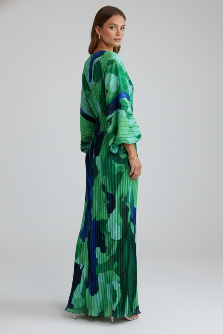 Womens Linen Blend Maxi Dress V Neck Long Sleeve Floral Kaftan