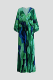 Womens Linen Blend Maxi Dress V Neck Long Sleeve Floral Kaftan