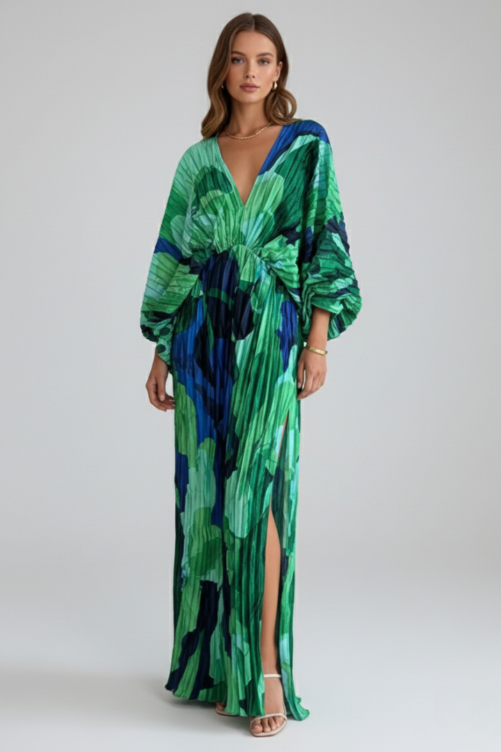 Womens Linen Blend Maxi Dress V Neck Long Sleeve Floral Kaftan