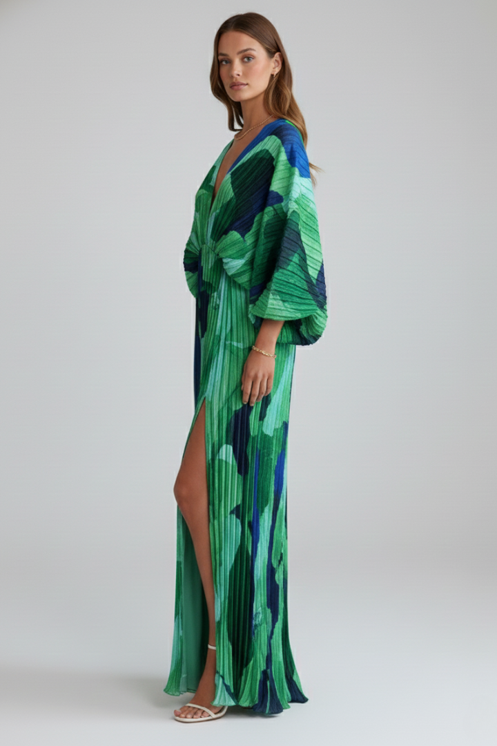 Womens Linen Blend Maxi Dress V Neck Long Sleeve Floral Kaftan