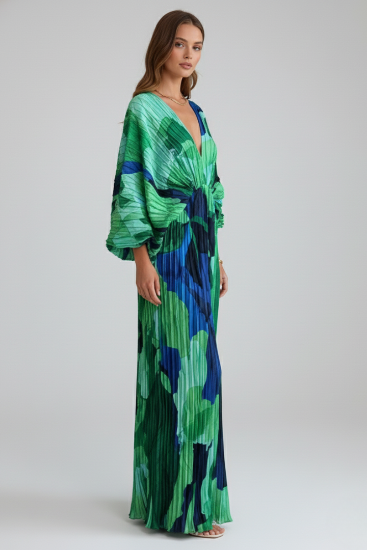 Womens Linen Blend Maxi Dress V Neck Long Sleeve Floral Kaftan