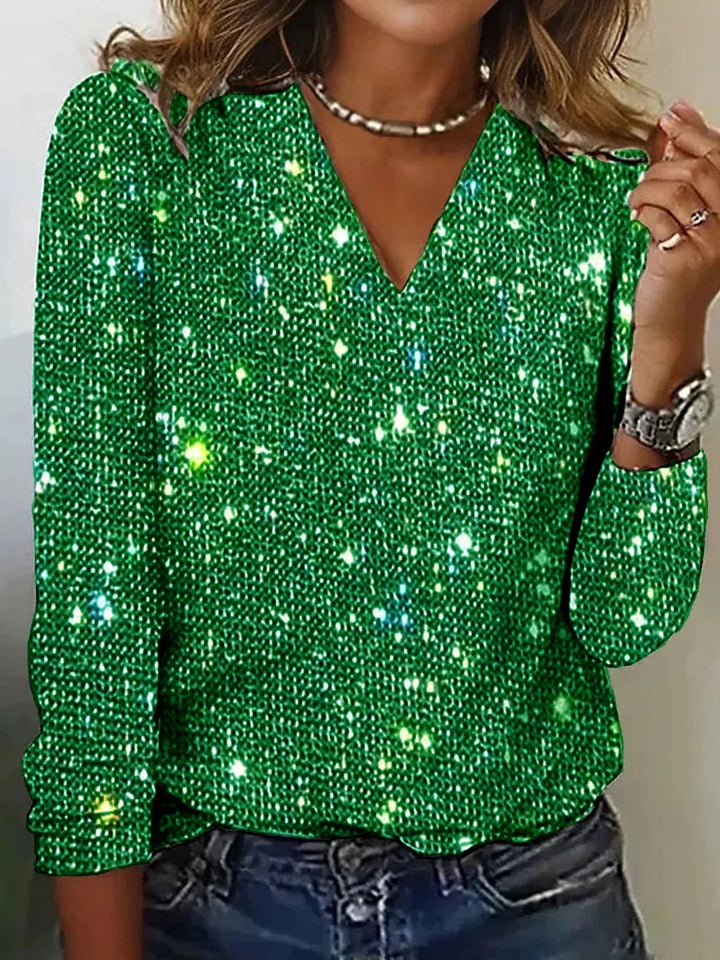 Women's Knit Shimmer V-Neck Long Sleeve Blouse Top
