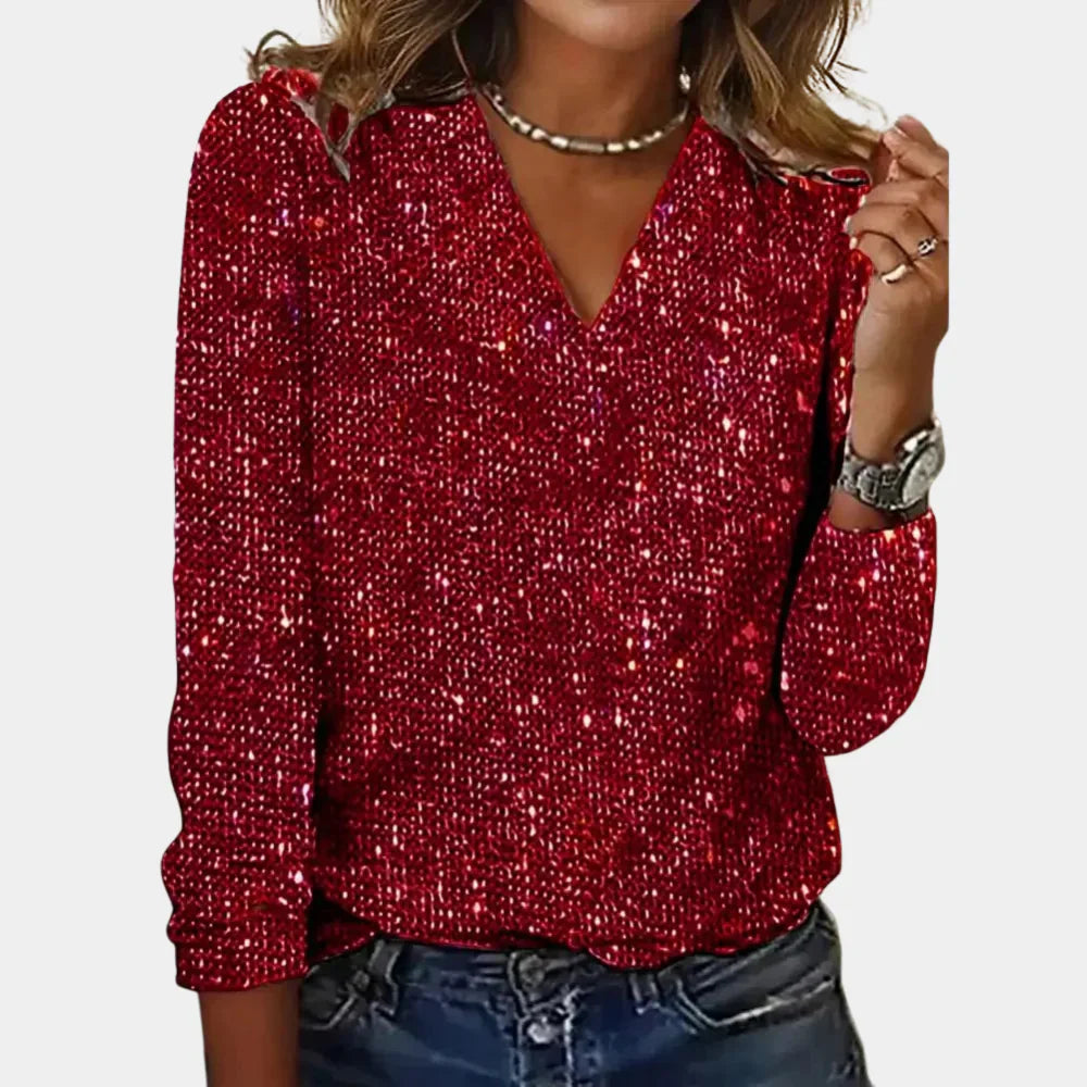Women's Knit Shimmer V-Neck Long Sleeve Blouse Top
