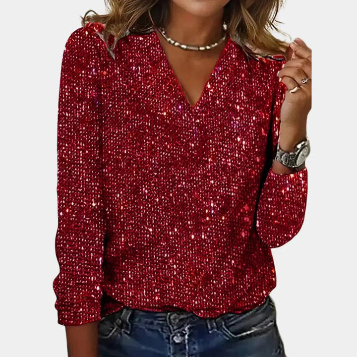 Women's Knit Shimmer V-Neck Long Sleeve Blouse Top