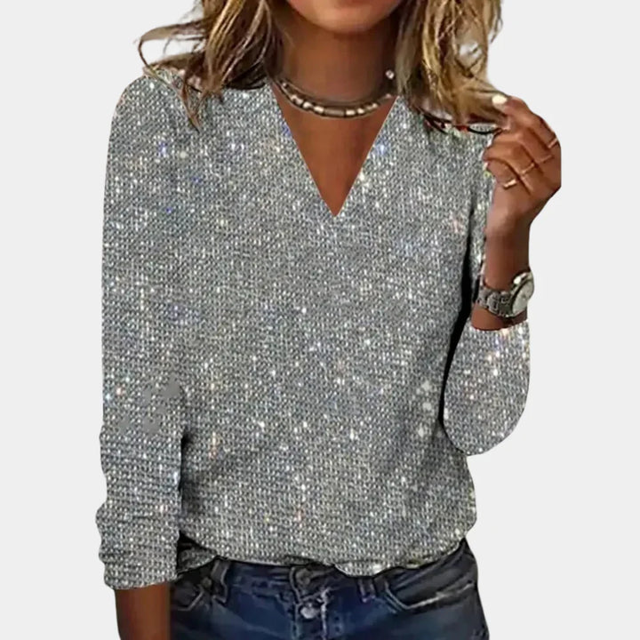 Women's Knit Shimmer V-Neck Long Sleeve Blouse Top
