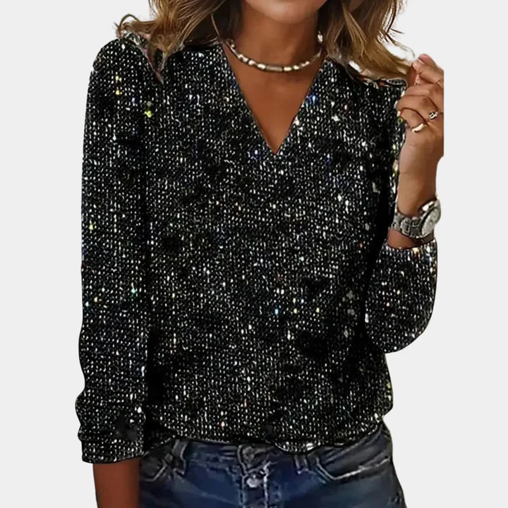 Women's Knit Shimmer V-Neck Long Sleeve Blouse Top