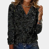 Women's Knit Shimmer V-Neck Long Sleeve Blouse Top