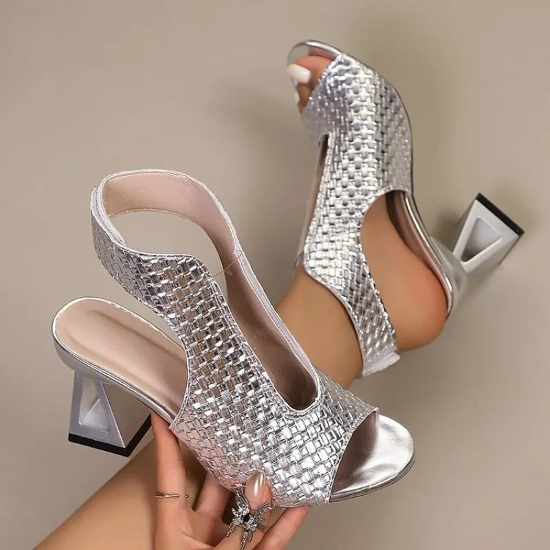 Women's Woven Leather Slingback Block-Heel Sandals