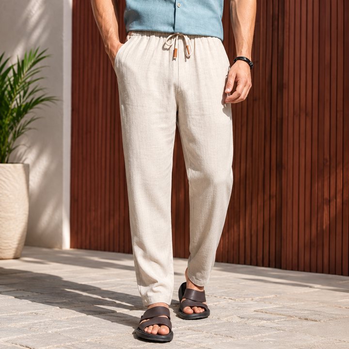 Men's Linen Pants Casual Relaxed Fit Drawstring Beach Trousers