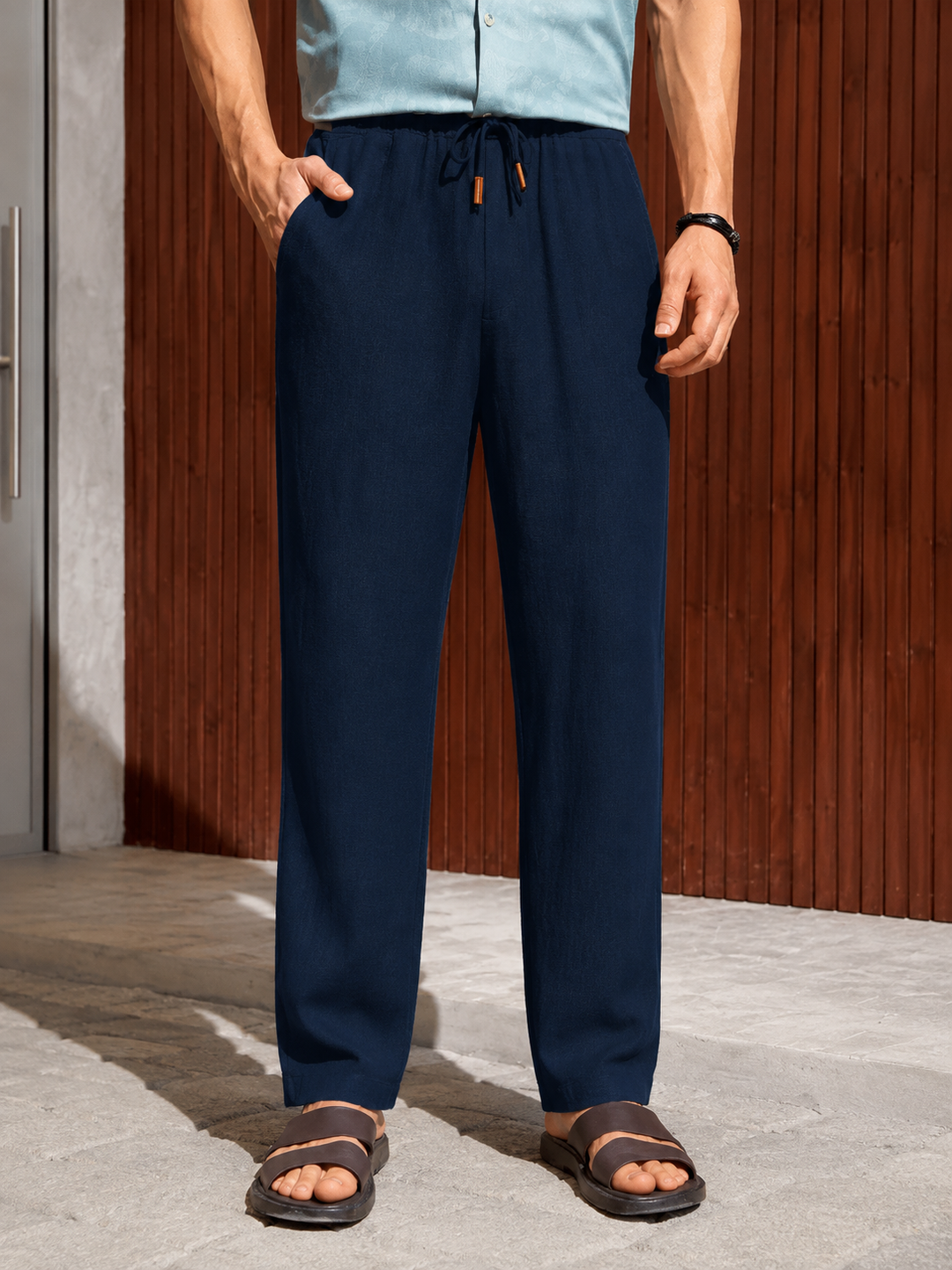 Men's Linen Pants Casual Relaxed Fit Drawstring Beach Trousers