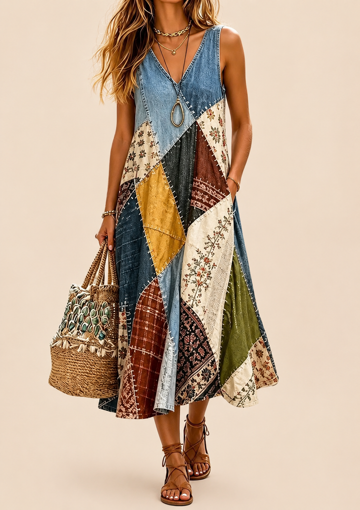 Γυναικείο λινό casual boho μάξι φόρεμα χωρίς μανίκια με patchwork σχέδιο