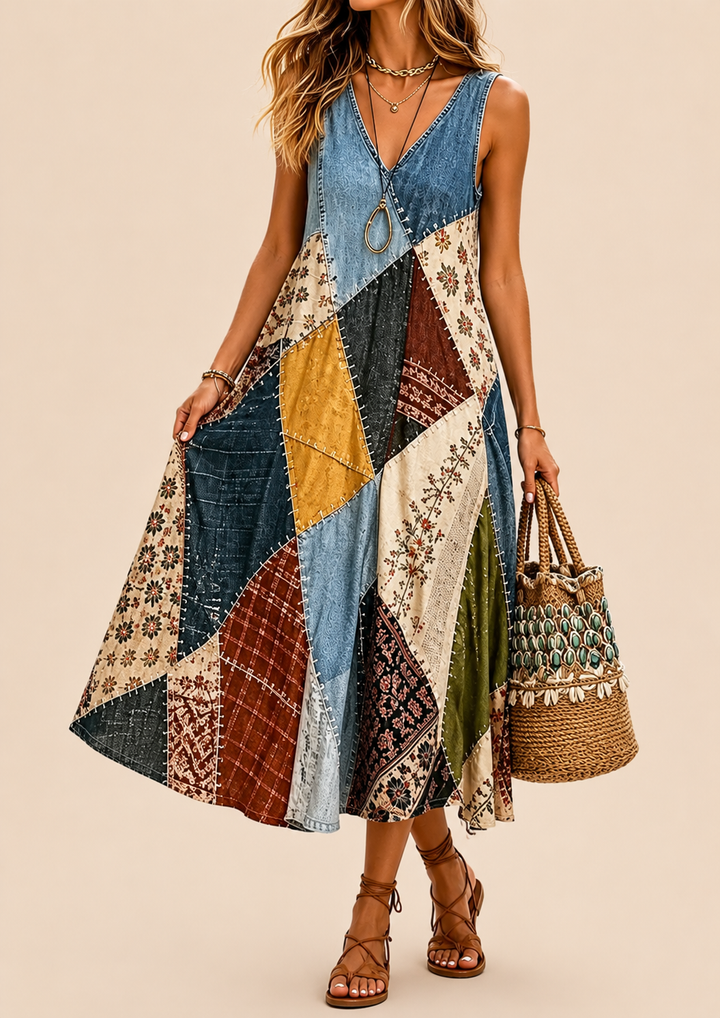 Γυναικείο λινό casual boho μάξι φόρεμα χωρίς μανίκια με patchwork σχέδιο