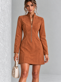 Robe courte trapèze pour femme en suédine, à manches longues et col zippé
