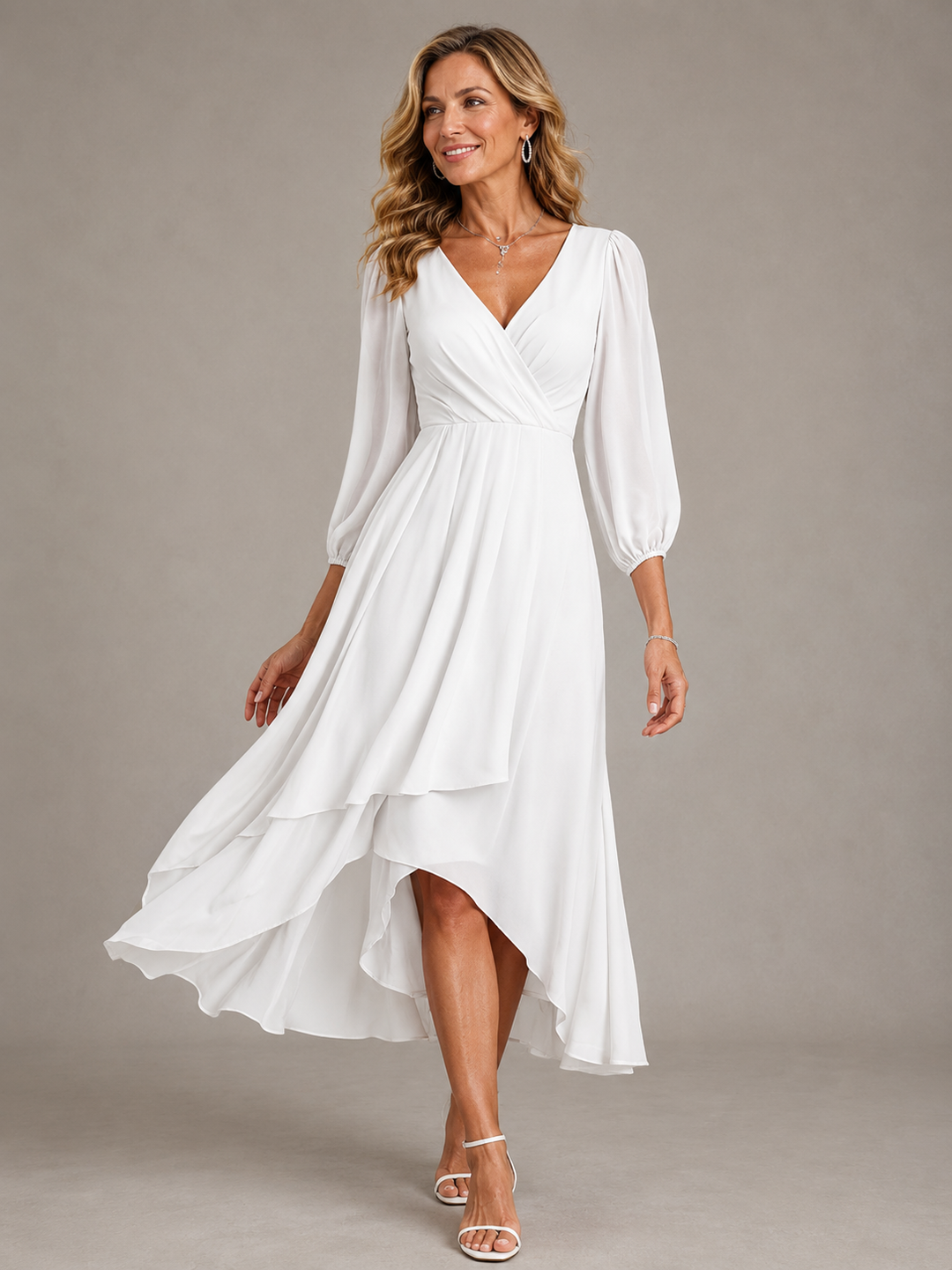 Robe de soirée et de fête midi pour femme, en mousseline, à manches longues et portefeuille